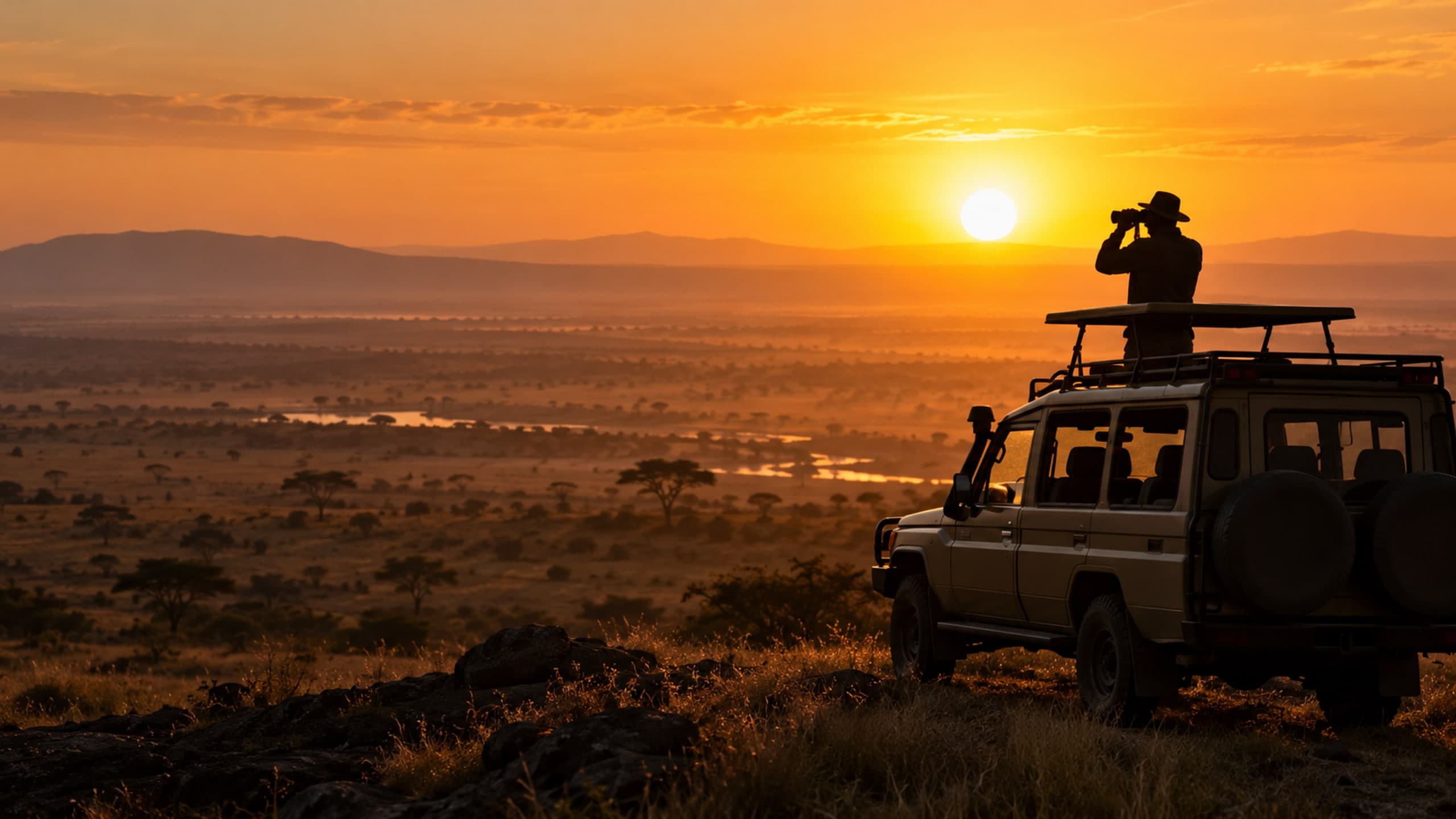 Safari guide with binoculars at sunrise