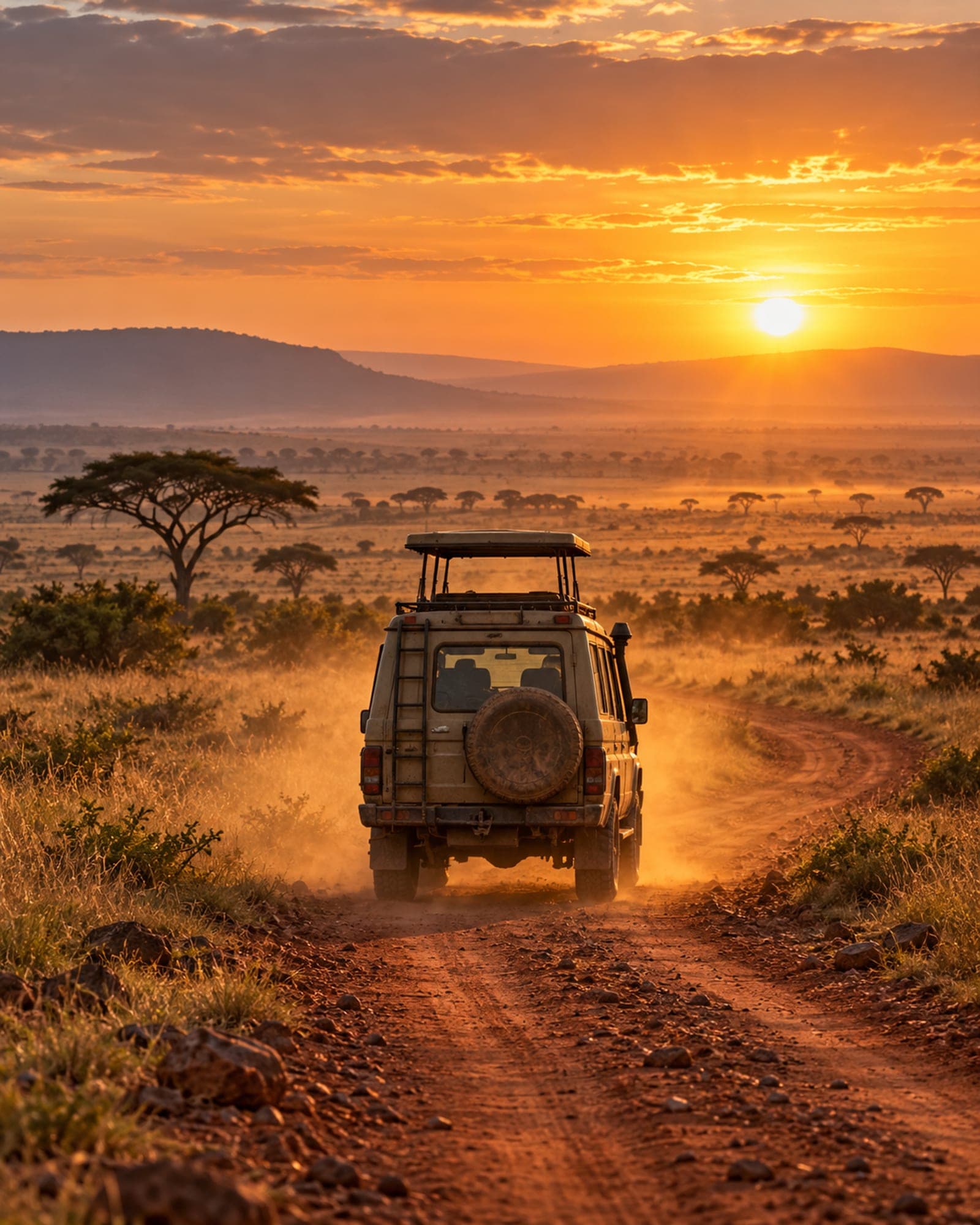 Safari land cruiser at sunrise