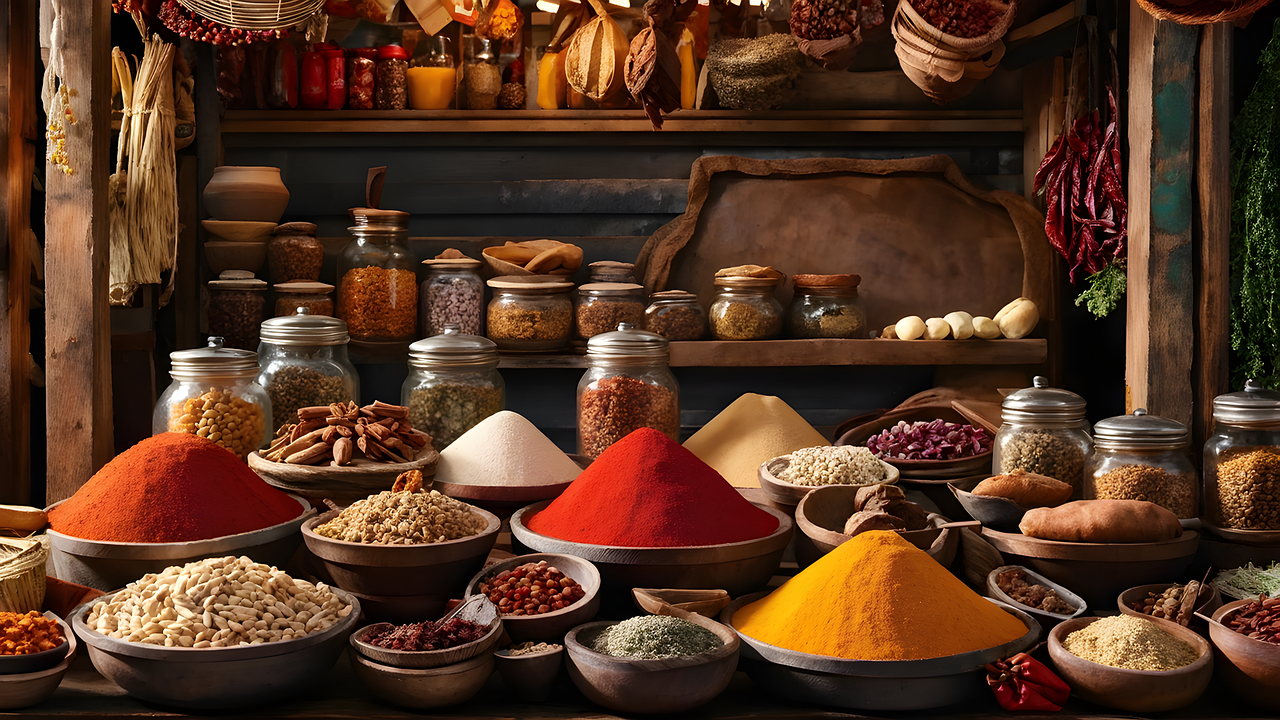 ai generated, spices, food stall, ethnic foods, colorful spices, traditional snacks, grains, international cuisine, market display, gourmet spices, cultural foods, food market, diverse flavors, culinary traditions, aromatic spices, snack variety, global cuisine, spice jars, food presentation, ethnic delicacies, colorful grains, artisan snacks, spice blends, culinary market, food lovers, vibrant spices